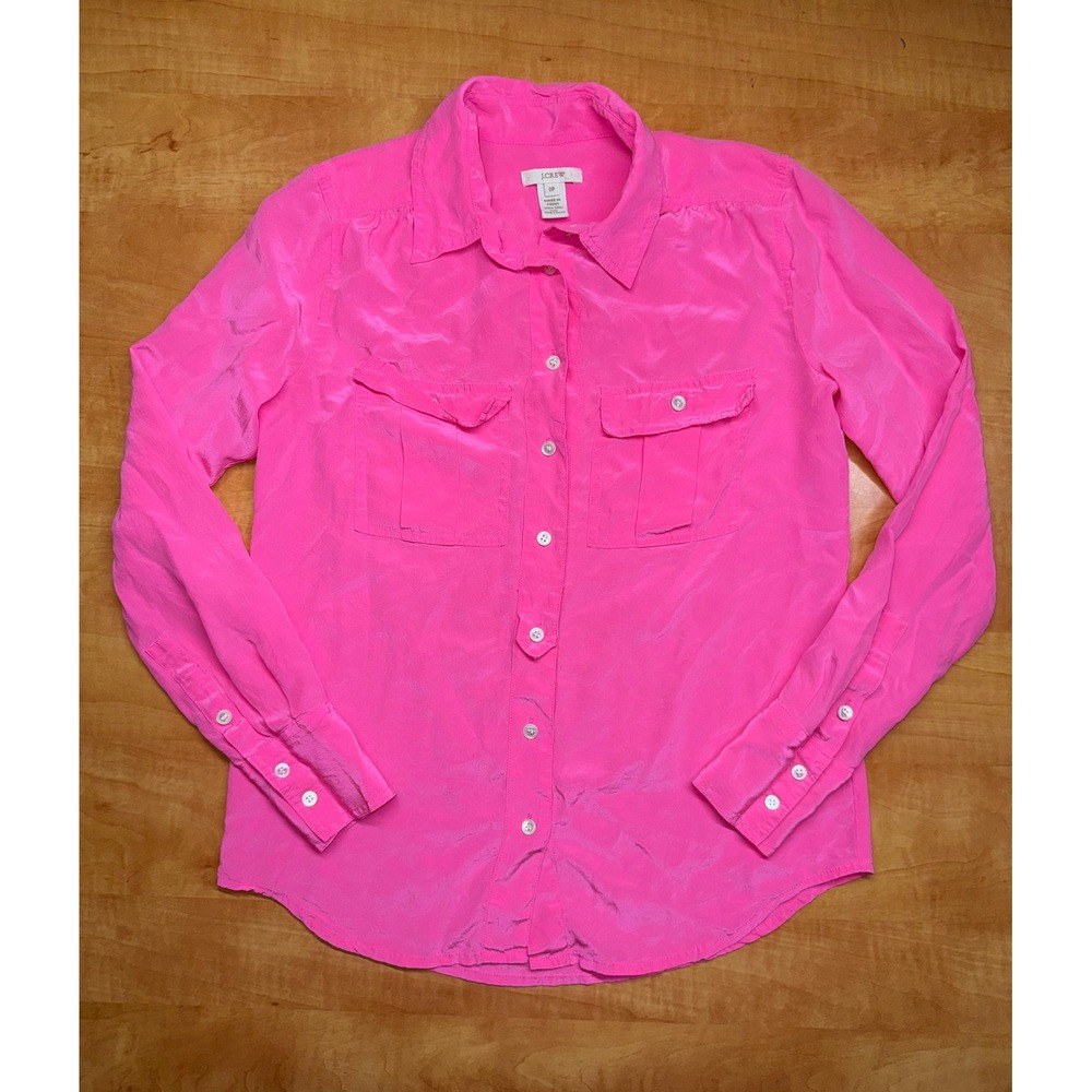 J.Crew Women Neon Pink 100% Silk Button Down Shirt Long Sleeve Blouse 0P Petite